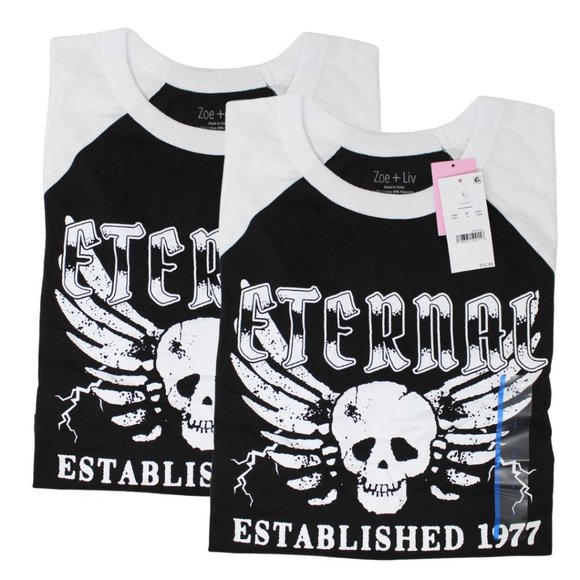 SET OF 2 - Women's crop top Skull Baby Short Sleeve Graphic T-Shirt - Black - Picture 1 of 7